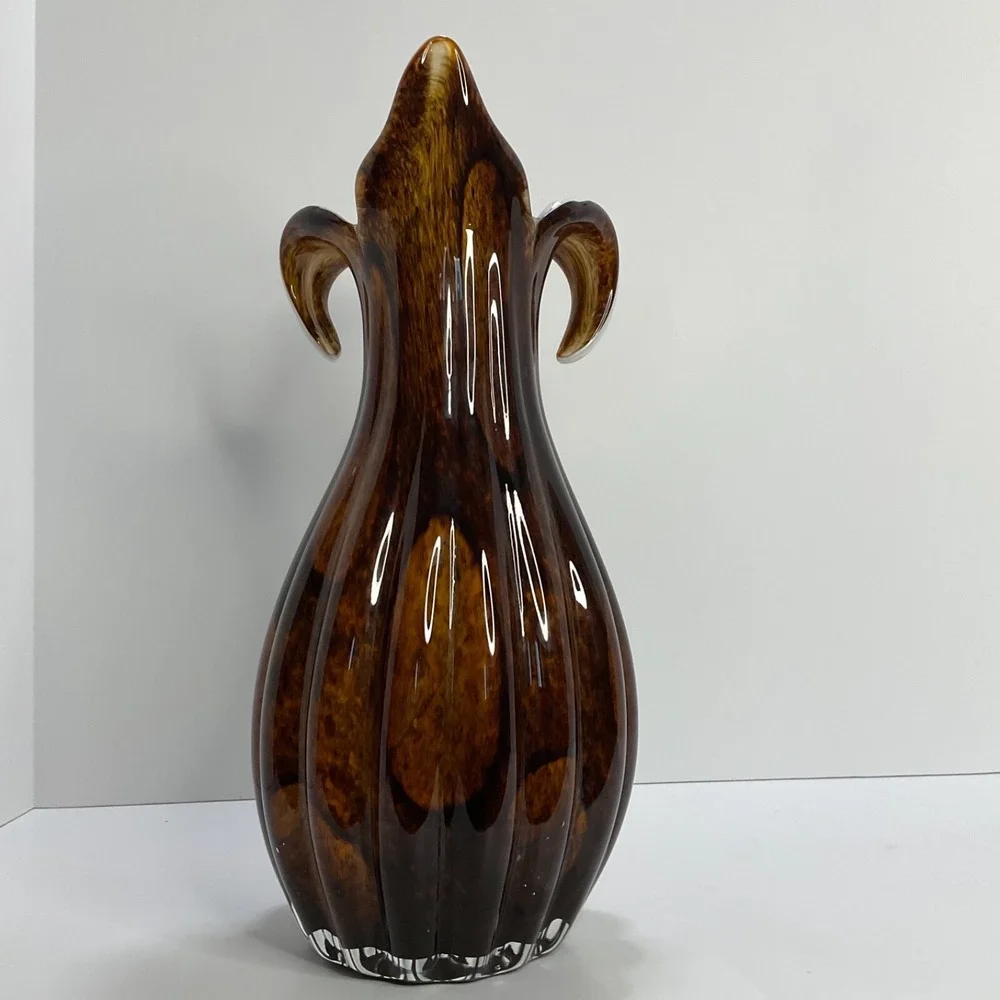 Handblown Vintage Tulip Vase Tiger‎ Eye Brown Fluted White Contrast Home Decor